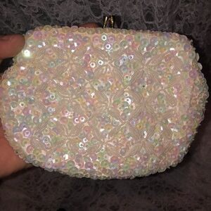 Elegant white  Clutch with Iridescent Sequins and Gold Frame made by Du Val.